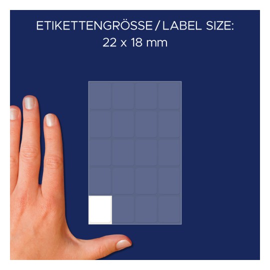 Veličina u usporedbi s rukom, Članak: 3043, jedan list višenamjenskih naljepnica, Format: 22 x 18 mm, Boja: Bijela?