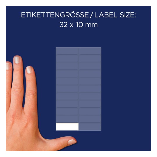 Veličina u usporedbi s rukom, Artikel: 3044, jedan list višenamjenskih etiketa, format: 32 x 10 mm, boja: bijela?