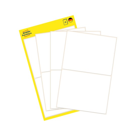 Slika pakiranja s listom etiketa: Avery Zweckform višenamjenske naljepnice, artikl: 3046, format: 77 x 59 mm, sadrži: 8 naljepnica / 4 lista, 2 naljepnice/list?