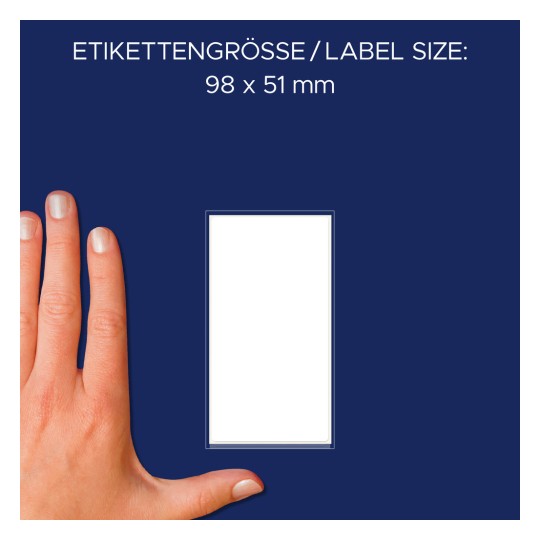 Usporedba veličine s rukom, Artikl: 3047, jedan list višenamjenskih naljepnica, format: 98 x 51 mm, boja: bijela.