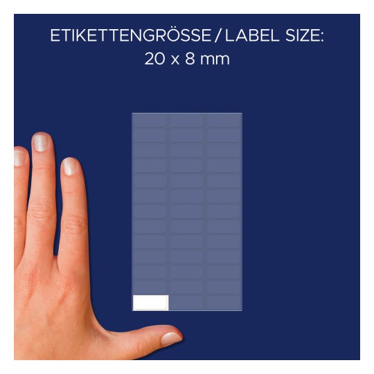 Usporedba veličine s rukom, Artikl: 3073, jedan list višenamjenskih naljepnica, Format: 20 x 8 mm, Boja: Bijela.