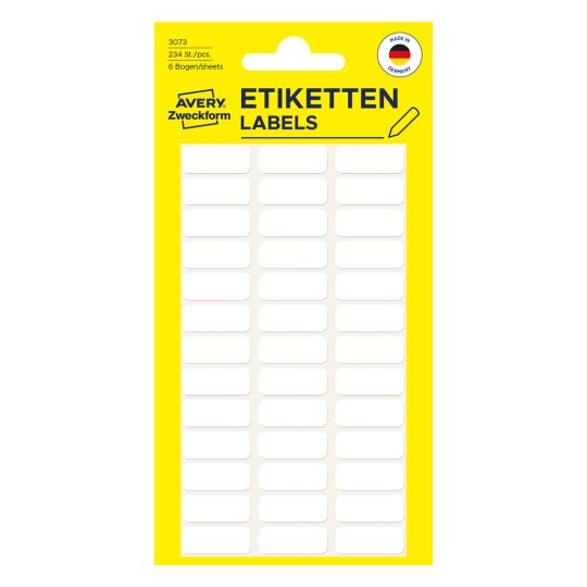 Slika pakiranja: Avery Zweckform univerzalne naljepnice bez A4 za ručno označavanje, artikal: 3073, format: 20 x 8 mm, sadržaj: 234 naljepnica / 6 listova, 39 naljepnica/ listu.