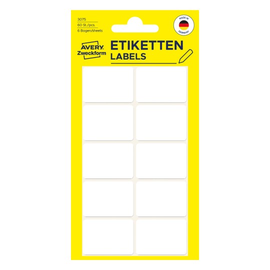 Slika pakiranja: Avery Zweckform non A4 univerzalne etikete za ručno pisanje, artikl: 3075, format: 32 x 23 mm, sadržaj: 60 etiketa / 6 listova, 10 etiketa/list.