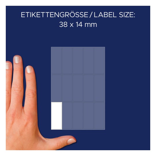 Usporedba veličine s rukom, Artikl: 3076, jedan list višenamjenskih etiketa, format: 38 x 14 mm, boja: bijela?
