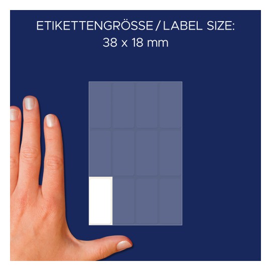 Usporedba veličine sa rukom, Artikal: 3077, jedan list višenamjenskih naljepnica, format: 38 x 18 mm, boja: bijela.