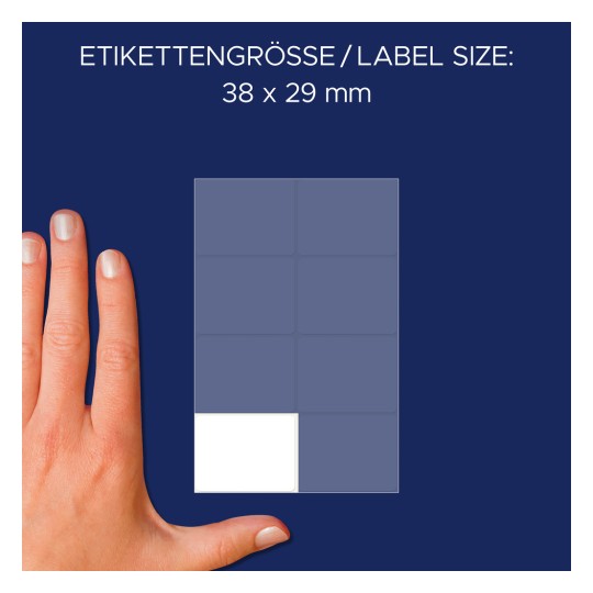 Usporedba veličine s rukom, Artikl: 3078, jedan list višenamjenskih naljepnica, format: 38 x 29 mm, boja: bijela.