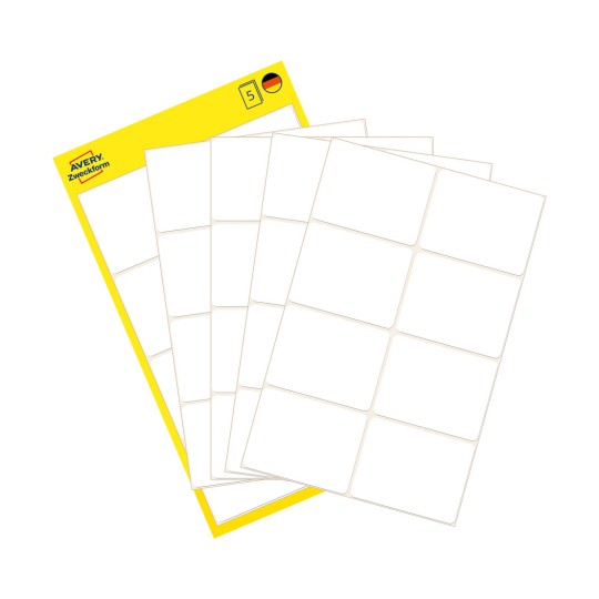 Slika pakiranja s listom naljepnica: Avery Zweckform višenamjenske naljepnice, artikal: 3078, format: 38 x 29 mm, sadržaj: 40 naljepnica / 5 listova, 8 naljepnica/listu.