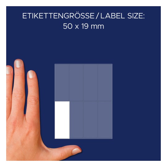 Usporedba veličine s rukom, artikal: 3079, jedan list višenamjenskih etiketa, format: 50 x 19 mm, boja: bijela?