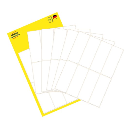 Slika pakiranja s listovima naljepnica: Avery Zweckform višenamjenske naljepnice, artikl: 3079, format: 50 x 19 mm, sadržaj: 48 naljepnica / 6 listova, 8 naljepnica/list.