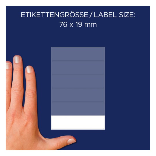 Veličina u usporedbi s rukom, Članak: 3080, jedan list višenamjenskih etiketa, Format: 76 x 19 mm, Boja: Bijela?