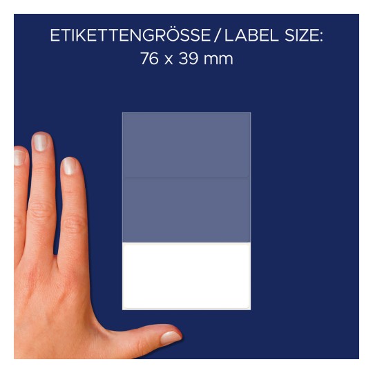 Usporedba veličine s rukom, Članak: 3081, jedan list višenamjenskih naljepnica, format: 76 x 39 mm, boja: bijela.