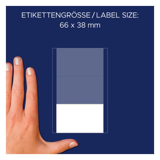 Veličina u usporedbi s rukom, Artikal: 3084, jedan list višenamjenskih naljepnica, format: 66 x 38 mm, boja: bijela?