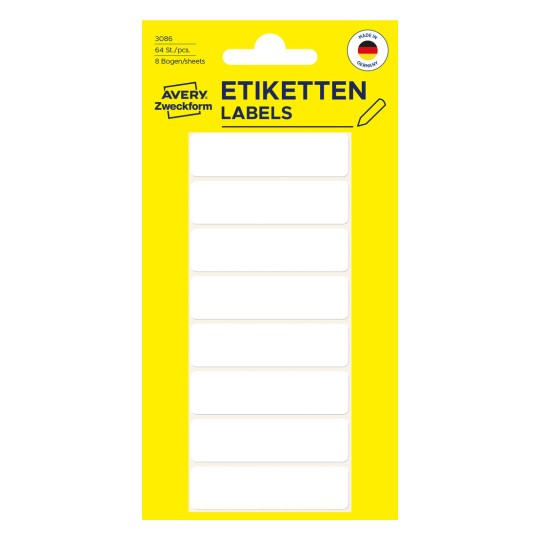 Slika pakiranja: Avery Zweckform ne A4 univerzalne oznake za ručno označavanje, artikl: 3086, format: 50 x 14 mm, sadržaj: 64 oznaka / 8 listova, 8 oznaka/list.