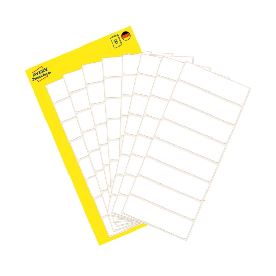 Slika pakiranja s listom naljepnica: Avery Zweckform višenamjenske naljepnice, artikal: 3086, format: 50 x 14 mm, sadržaj: 64 naljepnica / 8 listova, 8 naljepnica/list.