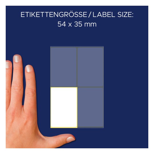 Usporedba veličine s rukom, Artikl: 3087, jedan list višenamjenskih naljepnica, format: 54 x 35 mm, boja: bijela?