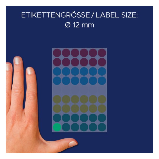 Usporedba veličina s rukom, Artikal: 3088, jedan list oznaka, format: ⌀ 12 mm, boja: raznobojna.