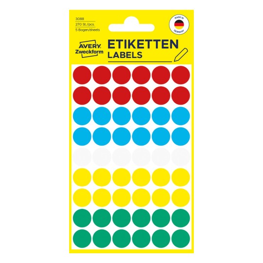 Slika pakiranja: Avery Zweckform obojene oznake, artikl: 3088, format: ⌀ 12 mm, sadržaj: 270 oznaka / 5 listova, 54 oznake/list.