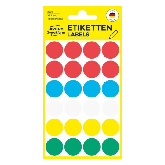 Pakiranje: Avery Zweckform obojeni markeri, Artikl: 3089, Format: ⌀ 18 mm, Sadržaj: 96 markera / 4 lista, 24 markera/list?