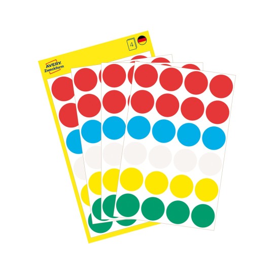 Slika pakiranja s listom naljepnica: Avery Zweckform oznake, Članak: 3089, Format: ⌀ 18 mm, Sadržaj: 96 oznaka / 4 lista, 24 oznake/list?