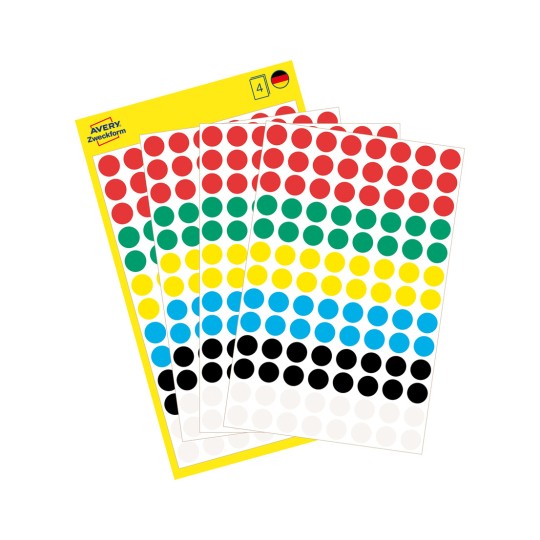 Slika pakiranja s listom naljepnica: Avery Zweckform oznake točaka, Artikl: 3090, Format: ⌀ 8 mm, Sadržaj: 416 oznaka točaka / 4 lista, 104 oznake točaka po listu.