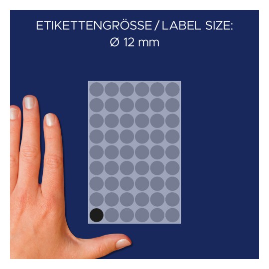 Usporedba veličine s rukom, artikal: 3140, jedan list oznaka, format: ⌀ 12 mm, boja: crna?