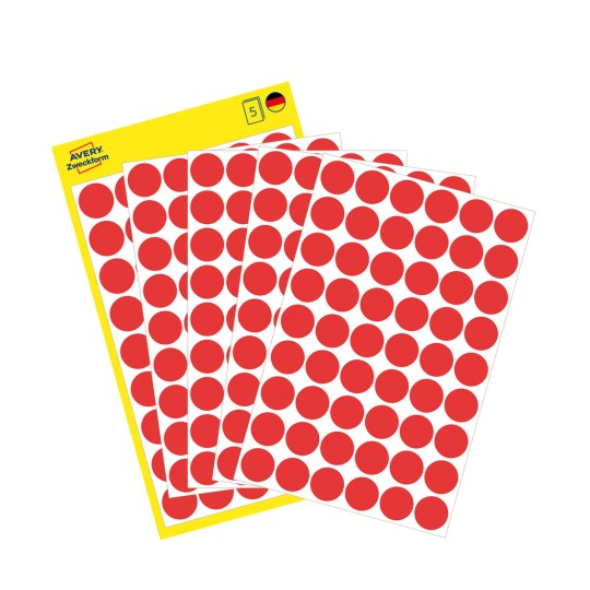 Slika pakiranja s listom etiketa: Avery Zweckform oznake u obliku točkica, artikal: 3141, format: ⌀ 12 mm, sadržaj: 270 oznaka u obliku točkica / 5 listova, 54 oznaka u obliku točkica/list.