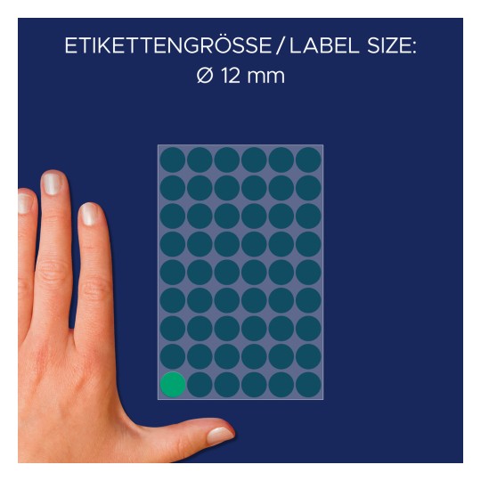 Usporedba veličine s rukom, artikl: 3143, list označnih točaka, format: ⌀ 12 mm, boja: zelena.