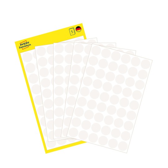 Slika pakiranja s listom naljepnica: Avery Zweckform oznake, artikl: 3145, format: ⌀ 12 mm, sadržaj: 270 oznaka / 5 listova, 54 oznake/list?