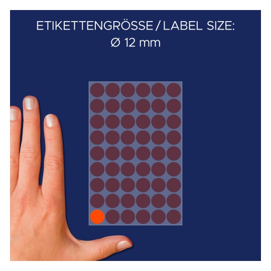 Usporedba veličine s rukom, Artikl: 3147, jedan list oznaka, Format: ⌀ 12 mm, Boja: neon crvena.