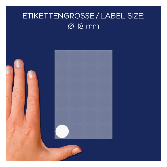 Usporedba veličine s rukom, Artikl: 3170, jedan list označnih točaka, format: ⌀ 18 mm, boja: bijela.