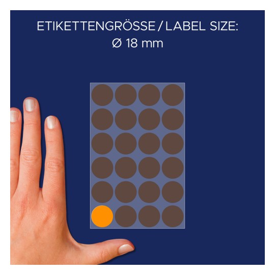 Veličina u usporedbi s rukom, članak: 3173, jedan list oznaka, format: ⌀ 18 mm, boja: neon narančasta.