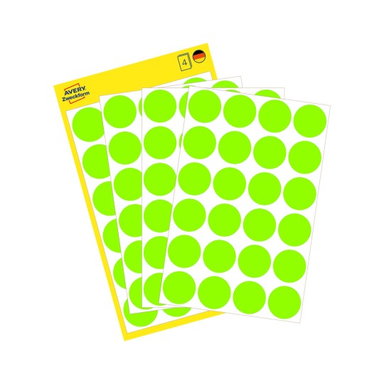 Slika pakiranja s listovima naljepnica: Avery Zweckform oznake, artikal: 3174, format: ⌀ 18 mm, sadržaj: 96 oznaka / 4 lista, 24 oznake/list.