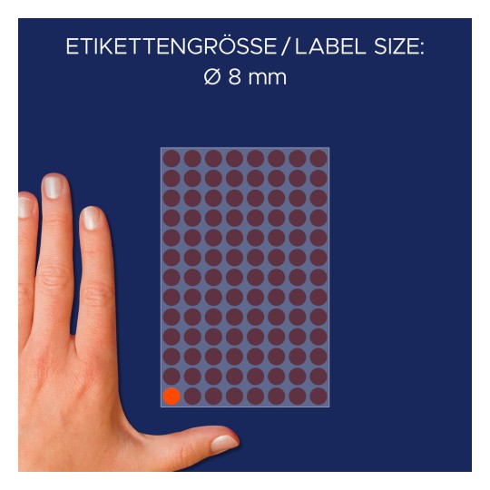 Veličina u usporedbi s rukom, Artikl: 3177, jedan list oznaka, Format: ⌀ 8 mm, Boja: neon crvena.