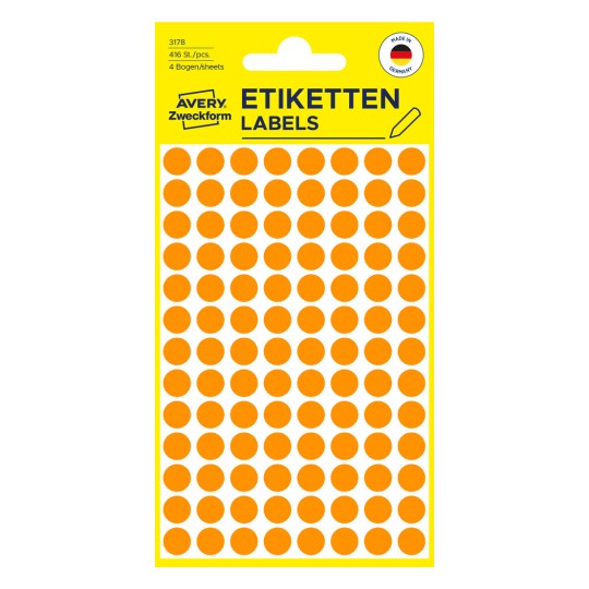 Slika pakiranja: Avery Zweckform bojene oznake, Artikl: 3178, Format: ⌀ 8 mm, Sadržaj: 416 oznaka / 4 lista, 104 oznake/list?