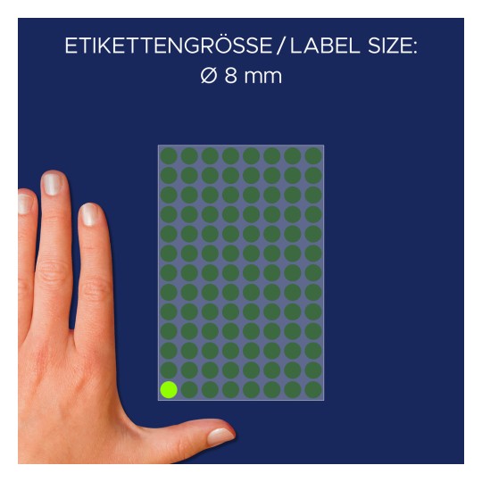 Veličina u usporedbi s rukom, Članak: 3179, jedan list oznaka točaka, format: ⌀ 8 mm, boja: svijetlozelena?