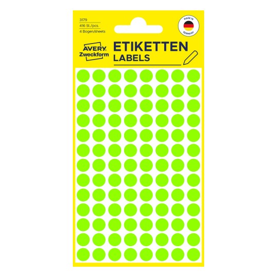 Pakiranje: Avery Zweckform obojene oznake, Artikl: 3179, Format: ⌀ 8 mm, Sadržaj: 416 oznaka / 4 lista, 104 oznake/po listu.