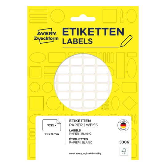 Slik pakiranja: Avery Zweckform Non A4 univerzalne etikete za ručno označavanje, artikl: 3306, format: 13 x 8 mm, sadržaj: 3.712 etiketa / 29 listova, 128 etiketa/listu.