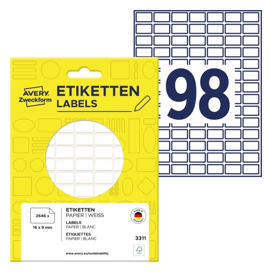 Slika pakiranja s etiketama: Avery Zweckform višenamjenske etikete, artikl: 3311, format: 16 x 9 mm, sadržaj: 2.646 etiketa / 27 listova, 98 etiketa/list?