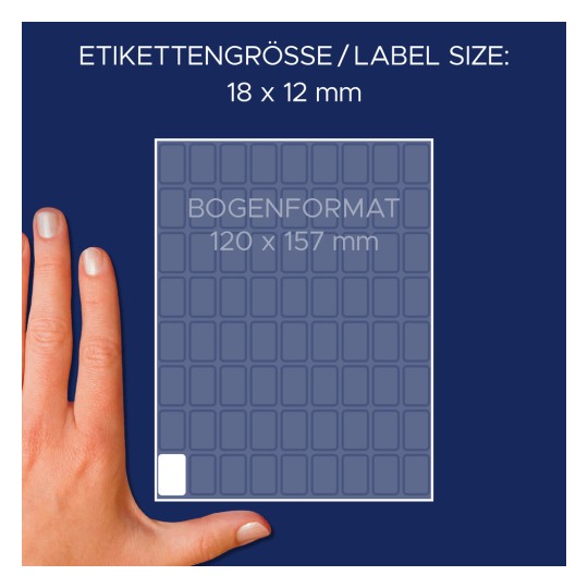 Usporedba veličine s rukom, artikl: 3312, jedan list višenamjenskih etiketa, format: 18 x 12 mm, boja: bijela.