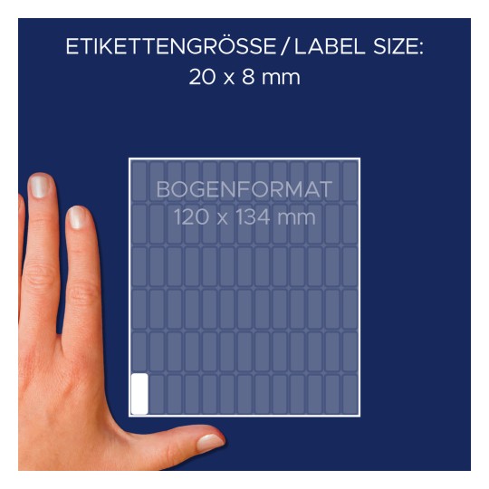 Usporedba veličine s rukom, Artikl: 3317, jedan list svestranih naljepnica, Format: 20 x 8 mm, Boja: Bijela?