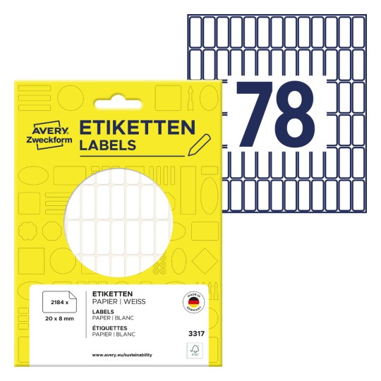 Slika pakiranja s listom naljepnica: Avery Zweckform Višenamjenske naljepnice, artikl: 3317, format: 20 x 8 mm, sadržaj: 2.184 naljepnica / 28 listova, 78 naljepnica/list.