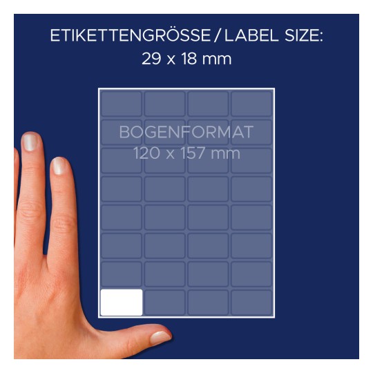 Usporedba veličine s rukom, Članak: 3319, jedan list višenamjenskih etiketa, Format: 29 x 18 mm, Boja: Bijela