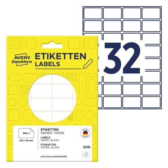 Slika pakiranja s listom naljepnica: Avery Zweckform višenamjenske naljepnice, artikl: 3319, format: 29 x 18 mm, sadržaj: 960 naljepnica / 30 listova, 32 naljepnice/list?
