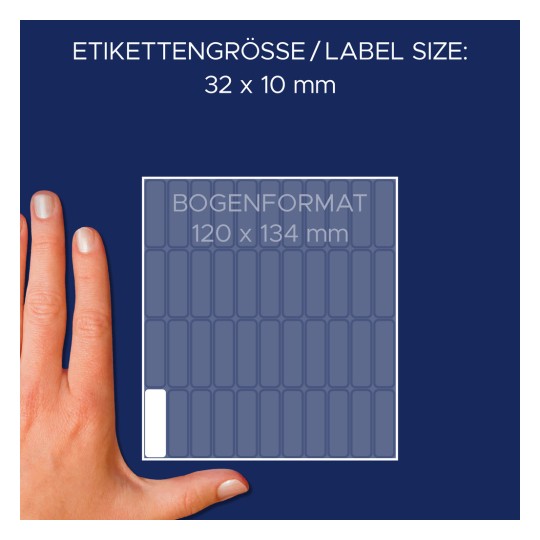Usporedba veličine s rukom, Artikl: 3320, jedan list višenamjenskih naljepnica, format: 32 x 10 mm, boja: bijela?