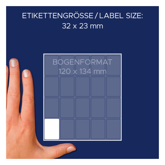 Usporedba veličine s rukom, članak: 3321, jedan list višenamjenskih naljepnica, format: 32 x 23 mm, boja: Bijela?
