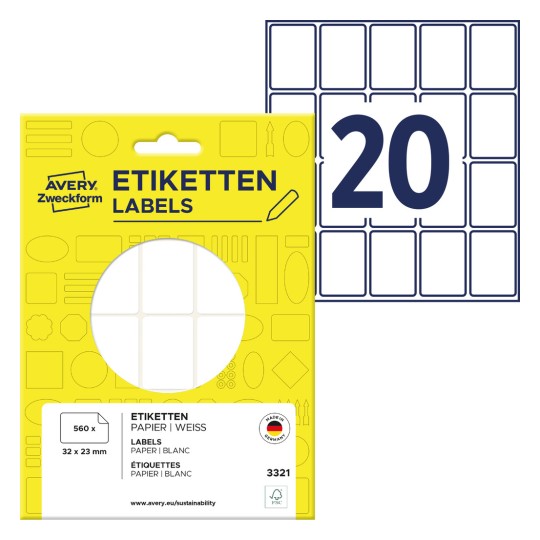 Slika paketa s listovima naljepnica: Avery Zweckform višenamjenske naljepnice, artikal: 3321, format: 32 x 23 mm, sadržaj: 560 naljepnica / 28 listova, 20 naljepnica/list.