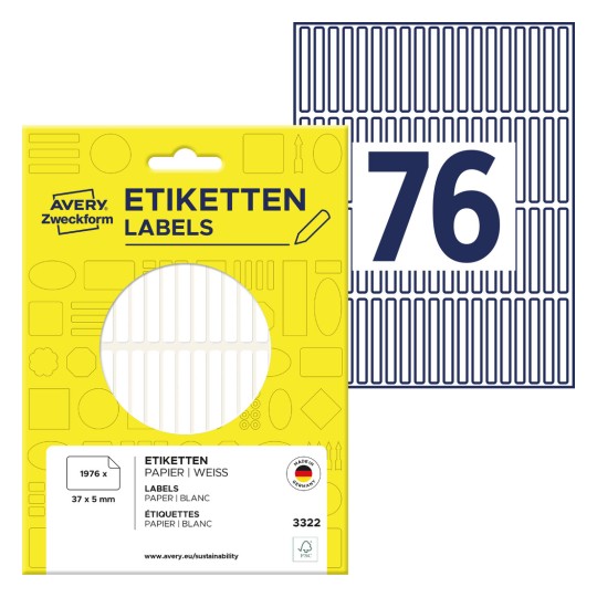 Slika pakiranja s listom naljepnica: Avery Zweckform višenamjenske naljepnice, Artikl: 3322, Format: 37 x 5 mm, Sadržaj: 1.976 naljepnica / 26 listova, 76 naljepnica/list?