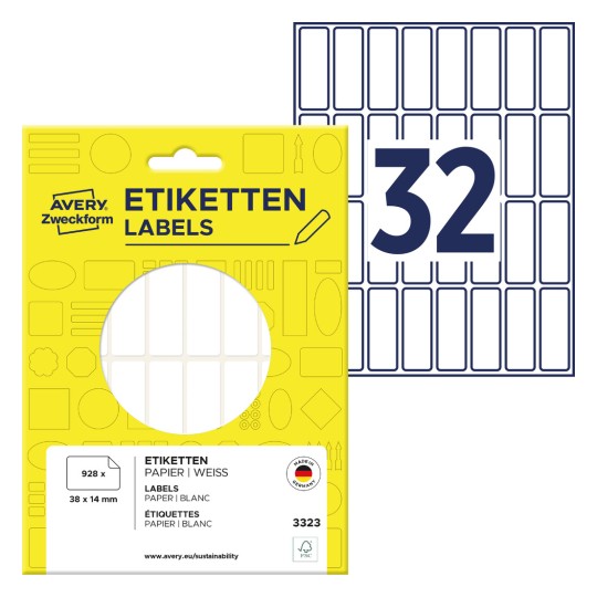 Pakiranje sa listovima s etiketama: Avery Zweckform višenamjenske etikete, artikal: 3323, format: 38 x 14 mm, sadržaj: 928 etiketa / 29 listova, 32 etikete/list?
