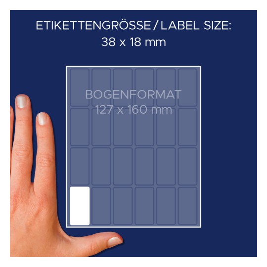 Usporedba veličine s rukom, Članak: 3324, jedan list višenamjenskih naljepnica, Format: 38 x 18 mm, Boja: Bijela?