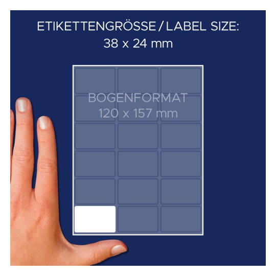 Usporedba veličine s rukom, Članak: 3325, jedan list višenamjenskih naljepnica, format: 38 x 24 mm, boja: bijela.